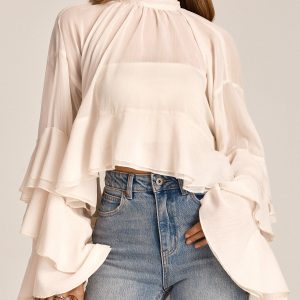 Chiffon High Neck Ruffle Bell Sleeve Blouse