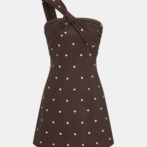 Polka Dot One Shoulder Linen Blend Mini Dress