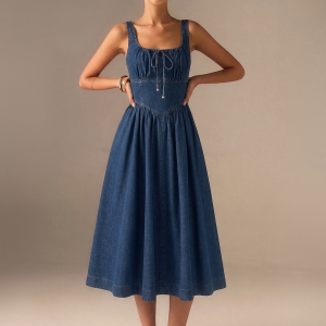 Denim Square Neck Tie Front Midi Dress