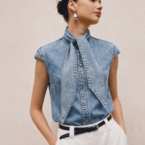 Tie Neck Sleeveless Denim Shirt