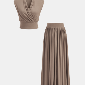 Wrap Cinched Top & Pleated Maxi Skirt Set