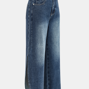 Side Slit Mid-Waist Wide-Leg Jeans