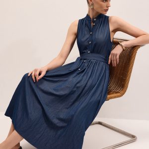 Cotton Blend Sleeveless Belted Maxi Dress