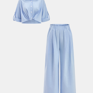 Cotton Linen Shirt & Wide Leg Pants Set