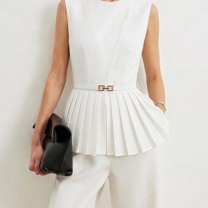 Belted Sleeveless Pleated Peplum Top