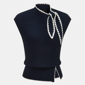 Scallop Trim Tie Neck Sleeveless Knit Top