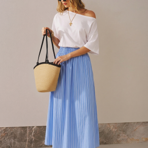 Color Block Off-Shoulder Striped Midi Dress