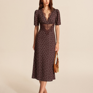 Lace Panel Polka Dot Short Sleeve Maxi Dress