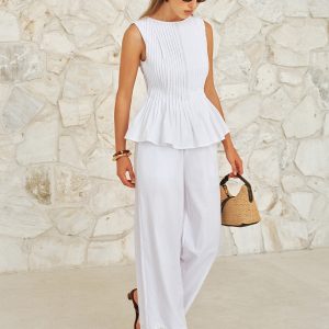 Cotton Pleated Peplum Top & Lace Trim Pants Set