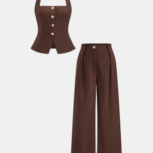 Cotton Linen Halter Buttoned Top & Pants Set