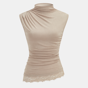 High Neck Sleeveless Ruched Lace Trim Blouse