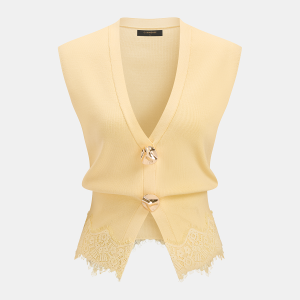 V-Neck Lace Trim Metal Button Knit Vest