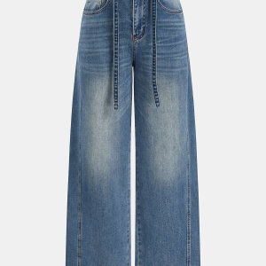 Tie Waist Curved-Leg Denim Pants