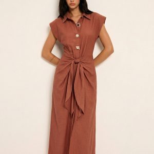 Tie Waist Collared Sleeveless Maxi Dress
