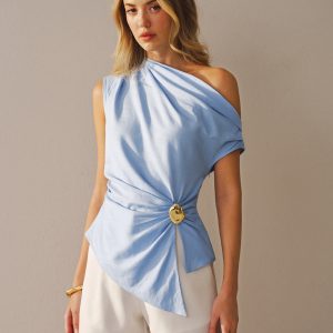 One-Shoulder Linen Blend Buckle Blouse