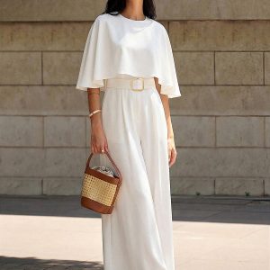 Cape-Sleeve Belted Wide-Leg Jumpsuit