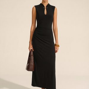 Sleeveless Ruched Keyhole Neck Maxi Dress