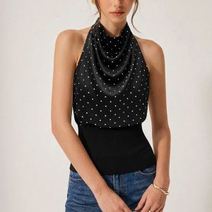 Polka Dot Cowl Neck Halter Tank Top