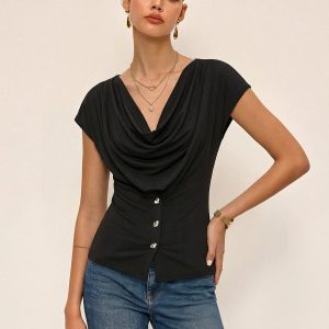 Cowl Neck Fitted Buttoned Blouse