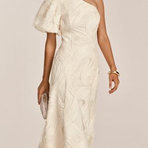 One Shoulder Textured Ruffled Mesh Midi Dress