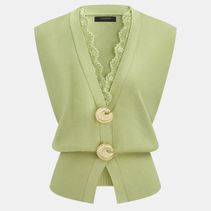 Lace Trim Buttoned V-Neck Knit Vest