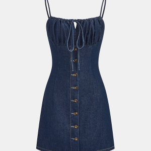 Drawstring Button Denim Cami Mini Dress