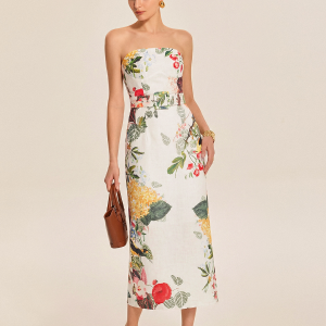 Strapless Belted Floral Print Maxi Dress