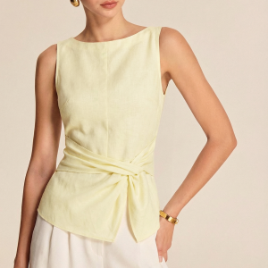 Twisted Waist Linen Blend Sleeveless Blouse
