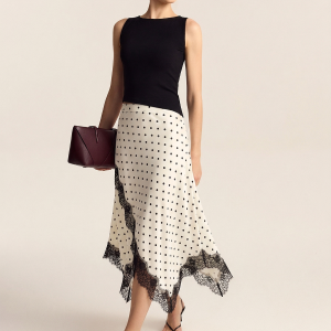 Polka Dot Lace Trim Asymmetric Midi Skirt