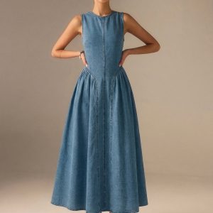 Denim Sleeveless Backless Maxi Dress