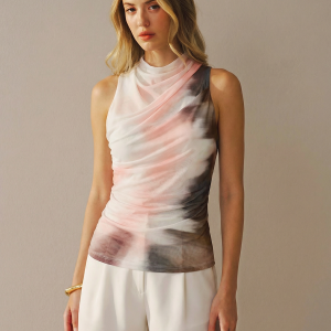 Tie-Dye Mesh Cowl Neck Sleeveless Top