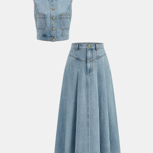 Denim Crop Vest & Pleated Midi Skirt Set
