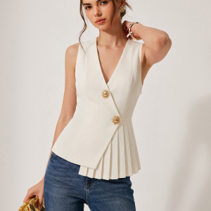 V-Neck Pleated Sleeveless Vest