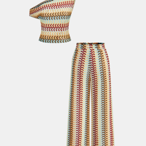 Multicolor One-Shoulder Knit Top & Pants Set