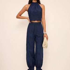 Eyelet Embroidery Top & Tie-Cuff Pants Set