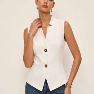 Textured Stand Collar Button Front Vest
