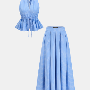 Pinstripe Halter Peplum Top & Pleated Skirt Set