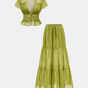 Lace Panel V-Neck Top & Tiered Skirt Set
