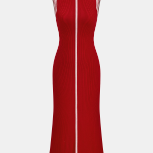 Contrast Trim Ribbed Knit Sleeveless Maxi Dress