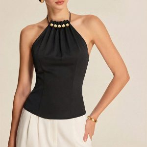 Metal Embellished Halter Tank Top