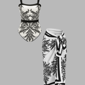 Baroque Print One-Piece Swimsuit & Sarong Set