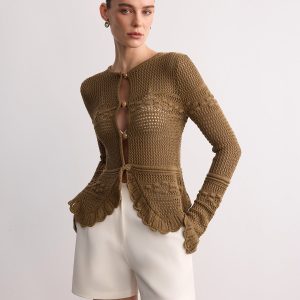 Crochet Knit Scalloped Hem Long Sleeve Cardigan