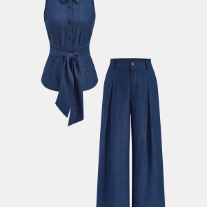Faux Denim Tie Waist Top & Pants Set