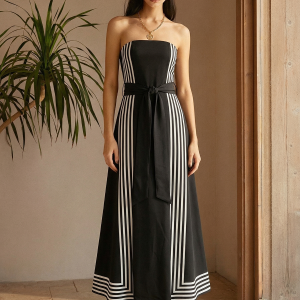 Strapless Striped Belted Midi Dress