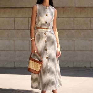 Cotton Striped Sleeveless Top & Midi Skirt Set