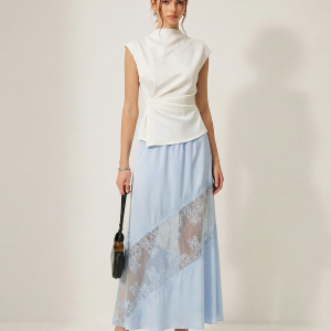 Satin Lace Insert Midi Skirt