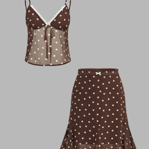 Polka Dot Sheer Lace Trim Top & Mini Skirt Set