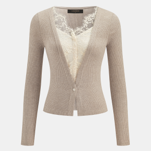 V-Neck Lace Panel Ribbed Knit Top