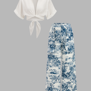 Twisted Crop Top & Toile Print Pants Set