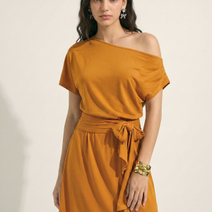 Off Shoulder Tie Waist Mini Dress